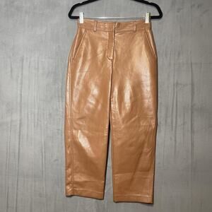 Babaton Pants Womens 2 Brown Faux Leather High Rise Straight Leg Vegan Trousers